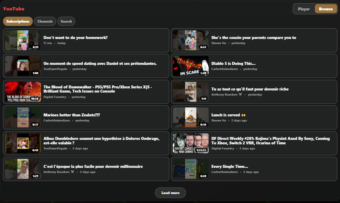 TGK YouTube — Player & Subscriptions running in Xenon